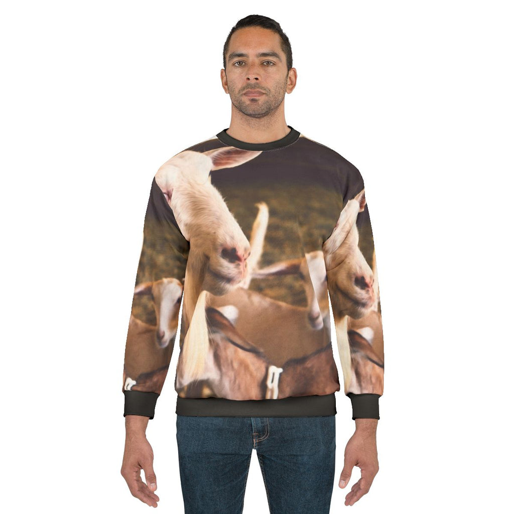 Goats and farm animals printed on a black sweatshirt