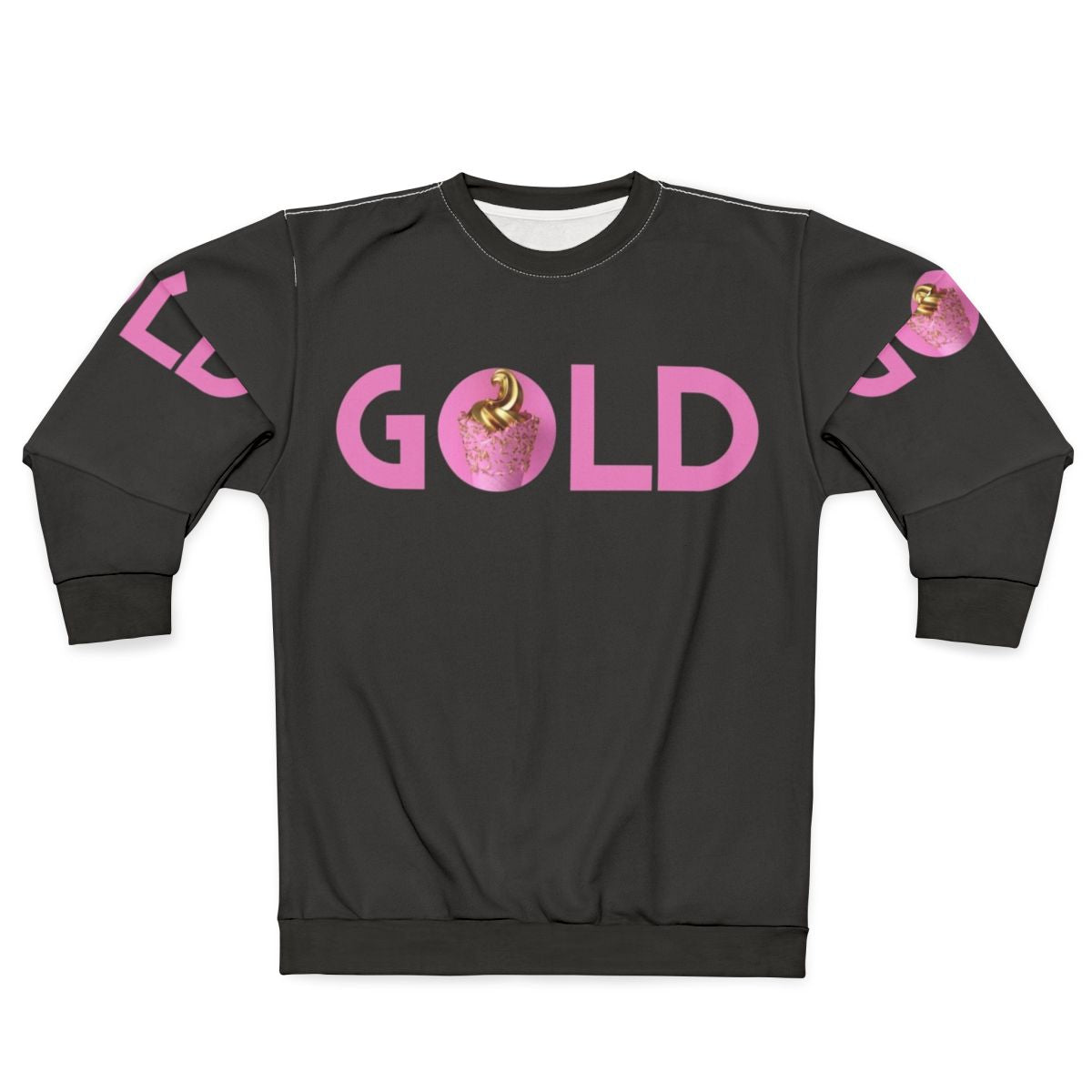 Gold and pink sweatshirt with a trendy graphic design