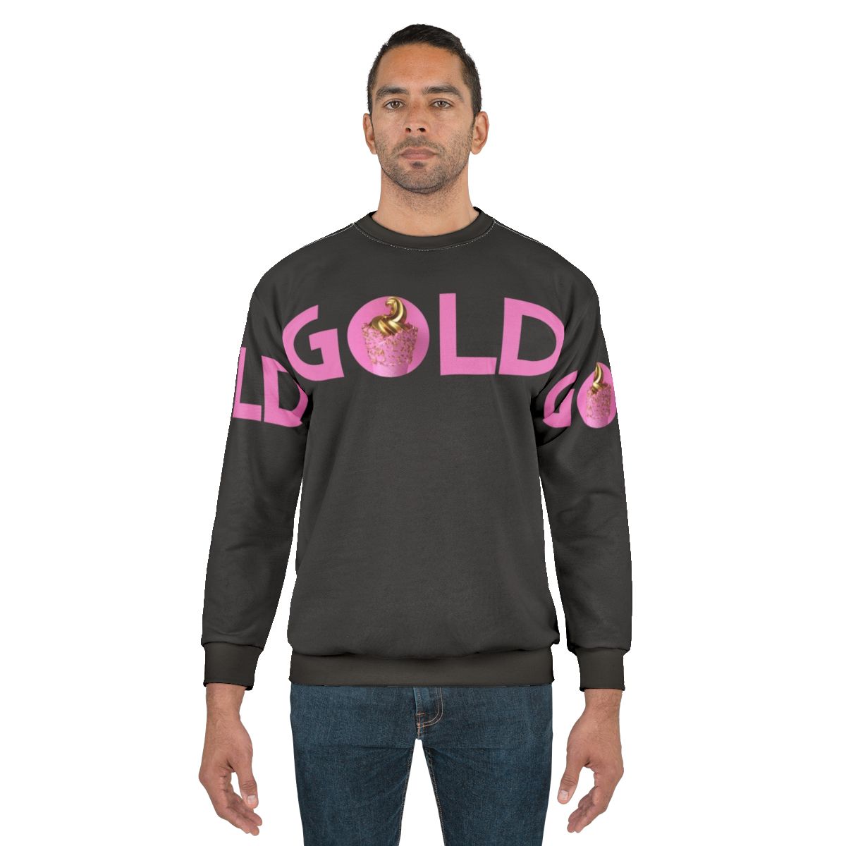 Gold and pink sweatshirt with a trendy graphic design