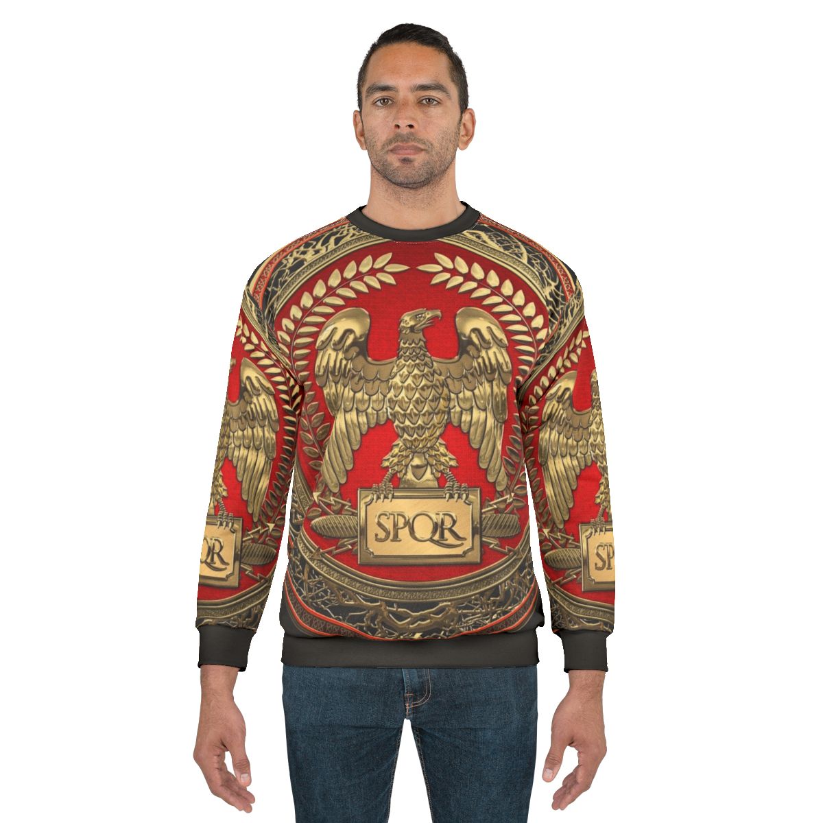 Gold Roman Imperial Eagle Emblem on Black Leather Sweatshirt