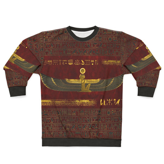 Gold Egyptian pharaoh ornament on red leather sweatshirt