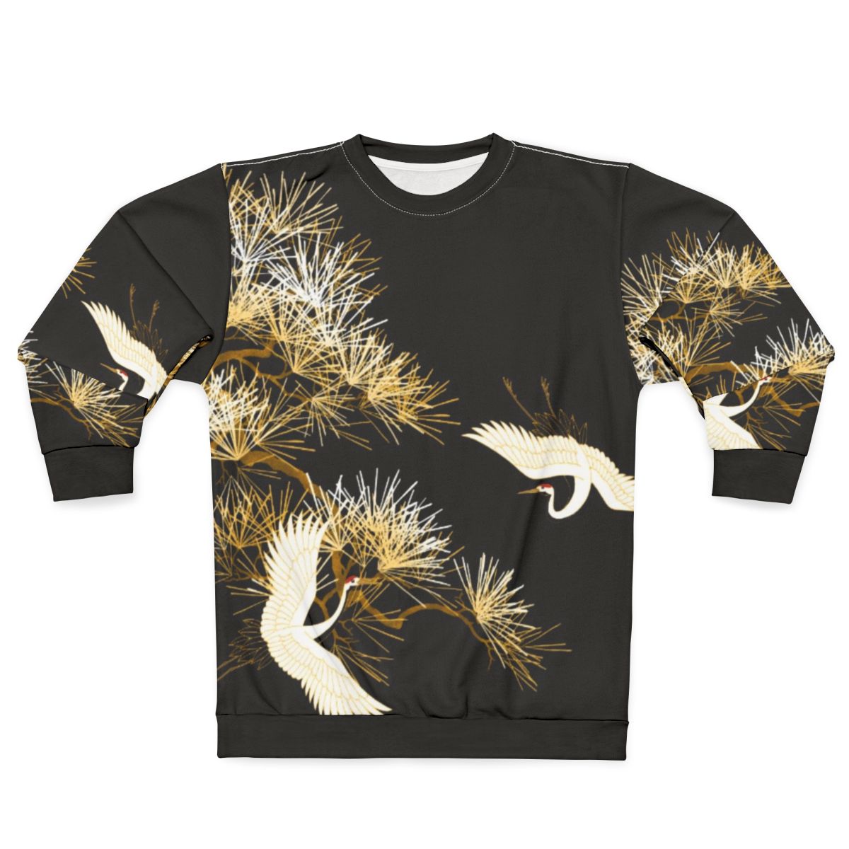 Elegant golden Japanese cranes embroidered on a black sweatshirt