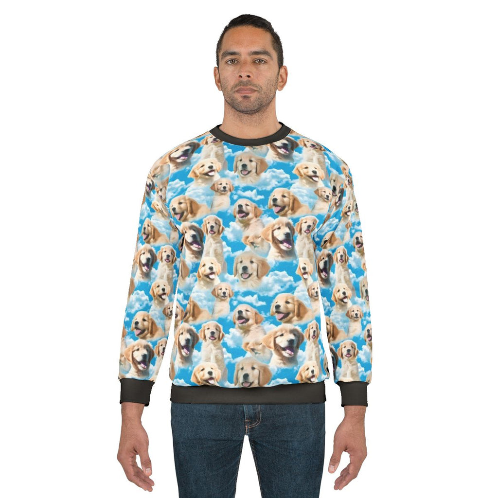 Golden retriever wearing a cozy sweatshirt