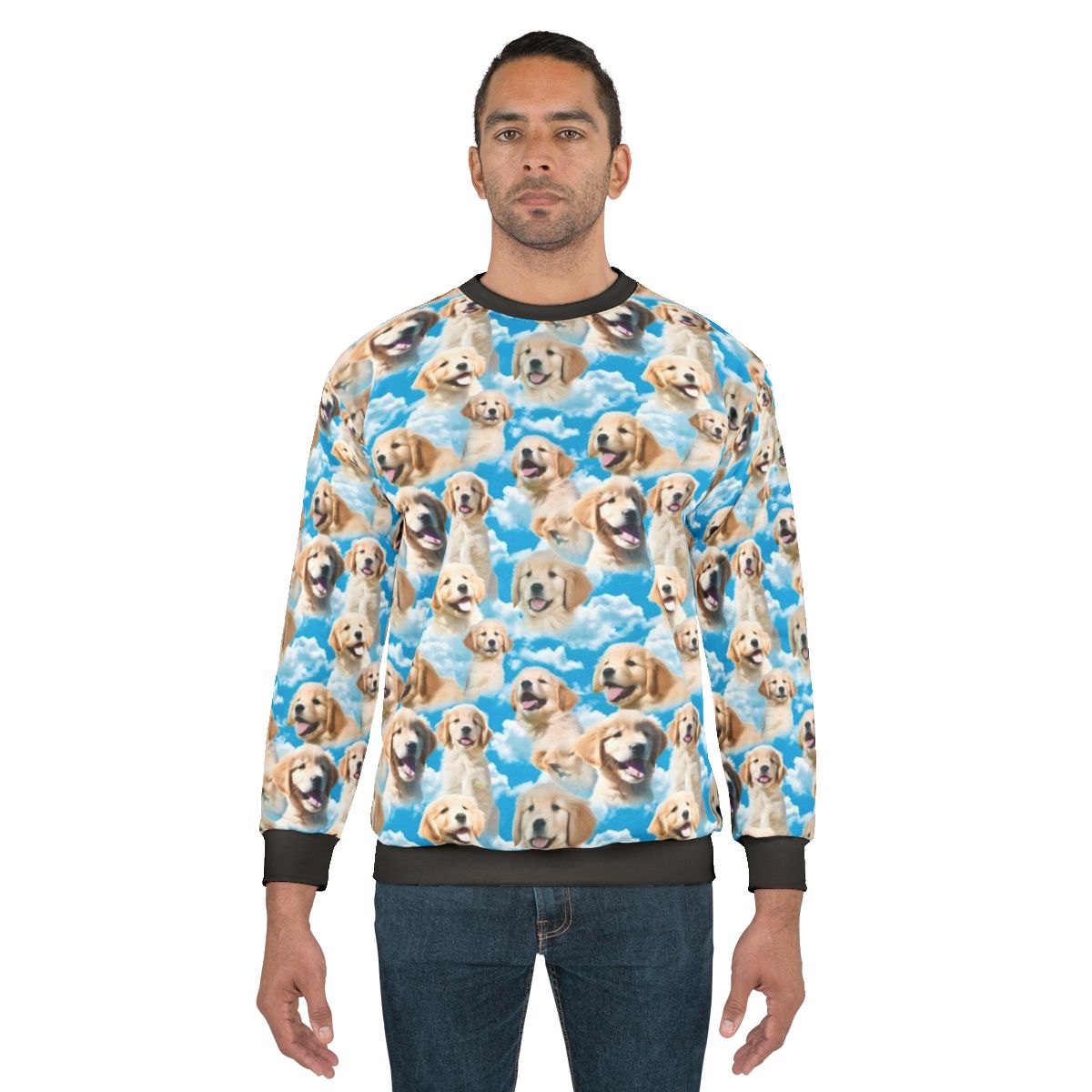 Golden retriever wearing a cozy sweatshirt