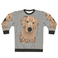 Golden retriever dog portrait on a cozy sweatshirt