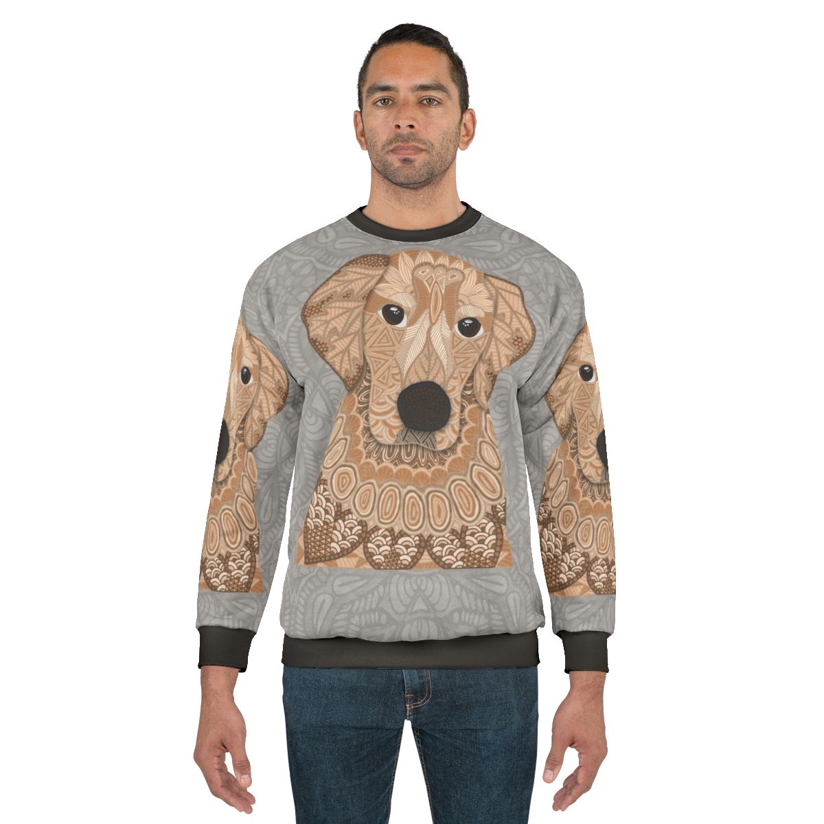 Golden retriever dog portrait on a cozy sweatshirt