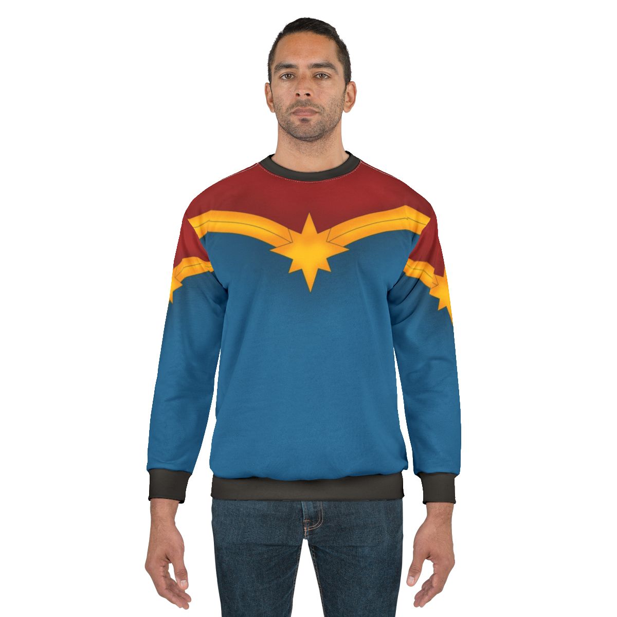 Golden star superhero sweatshirt with Captain Marvel design