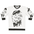 Anthropomorphic dog wearing a "Good Boy" graphic sweatshirt