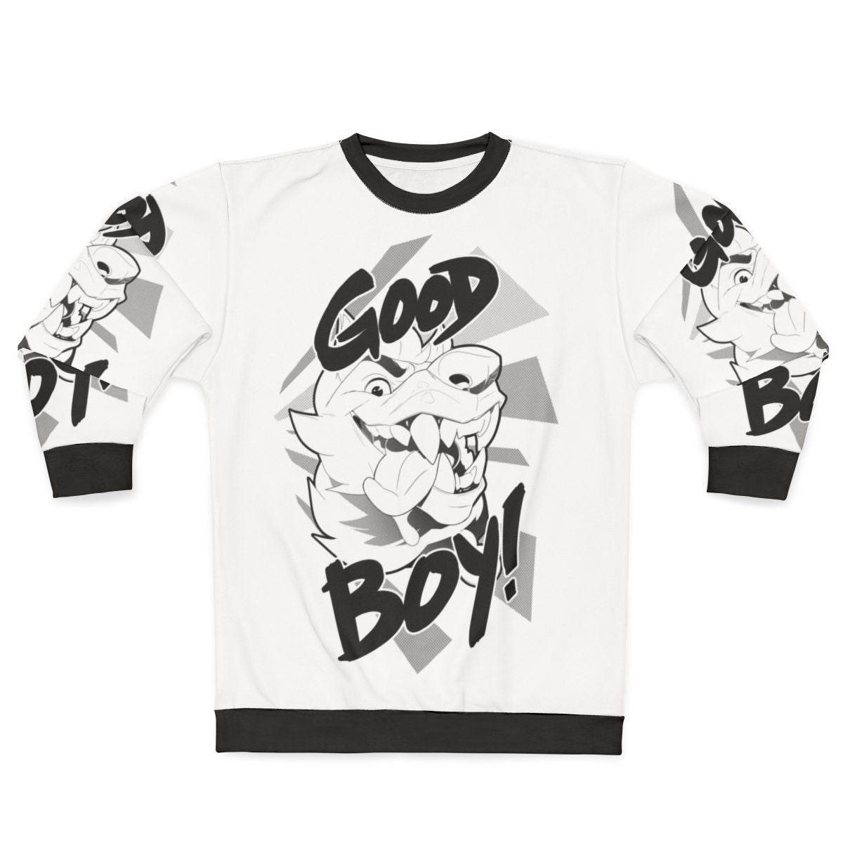 Anthropomorphic dog wearing a "Good Boy" graphic sweatshirt