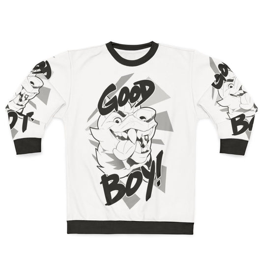 Anthropomorphic dog wearing a "Good Boy" graphic sweatshirt