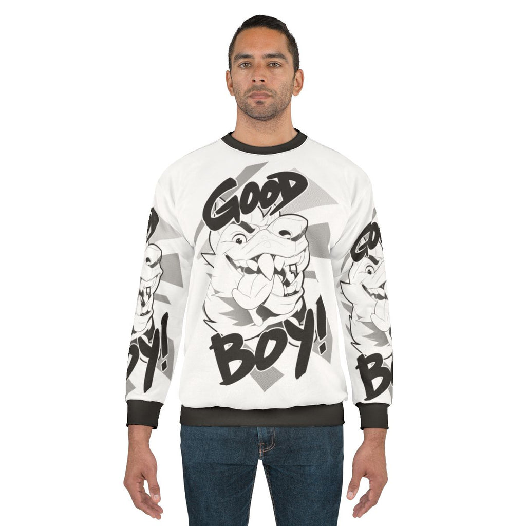 Anthropomorphic dog wearing a "Good Boy" graphic sweatshirt