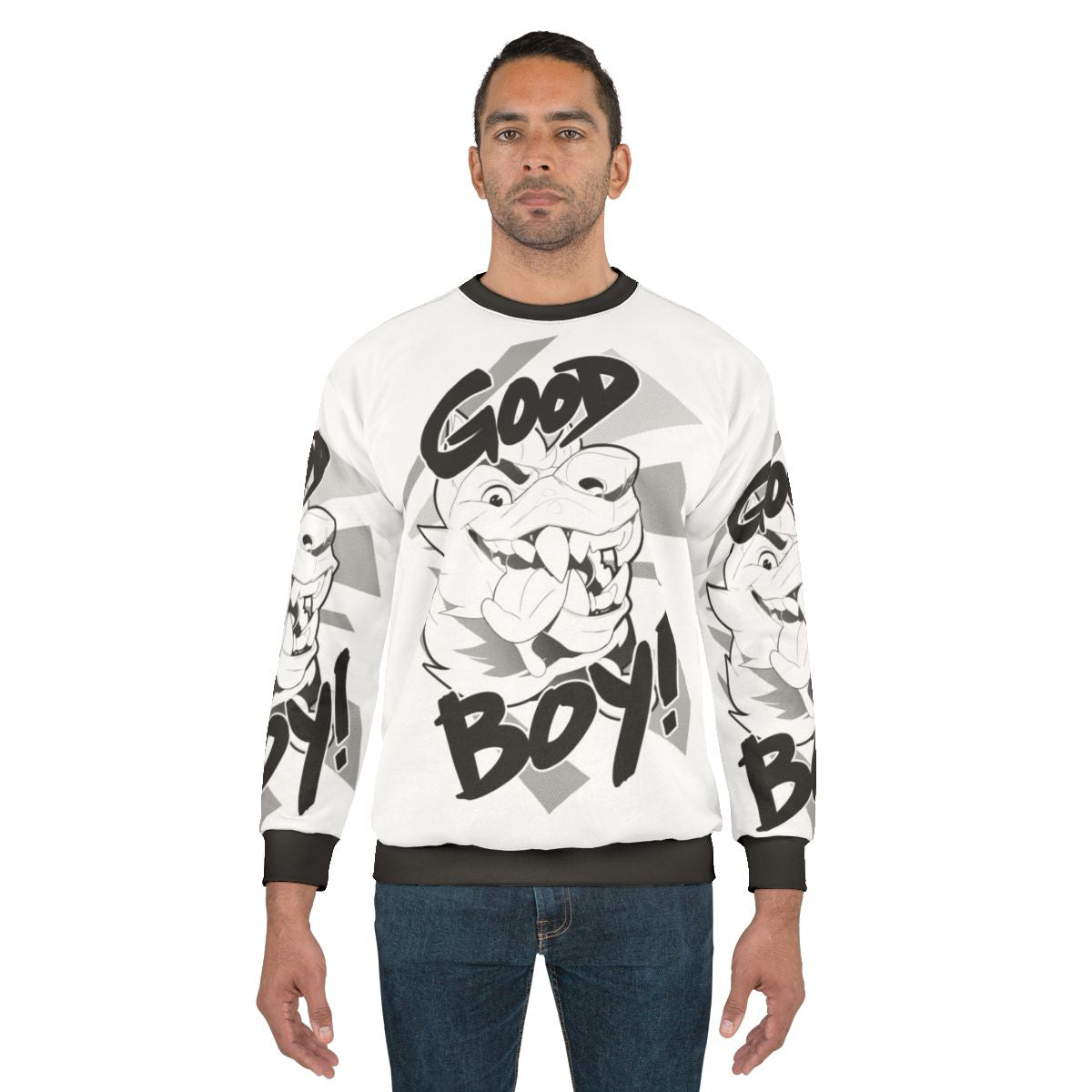 Anthropomorphic dog wearing a "Good Boy" graphic sweatshirt