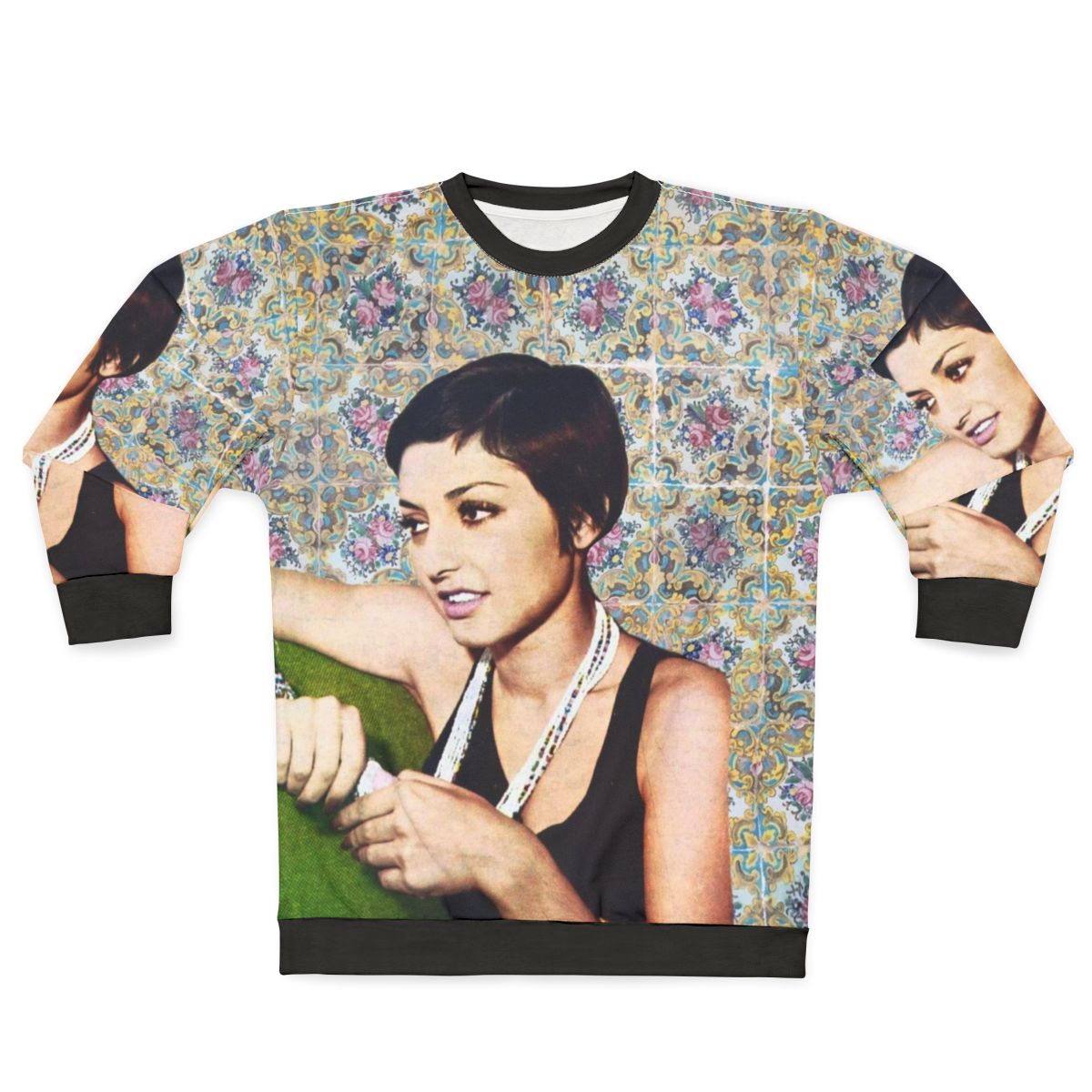 Vintage Persian music sweatshirt featuring Iranian singer Googoosh on a couch