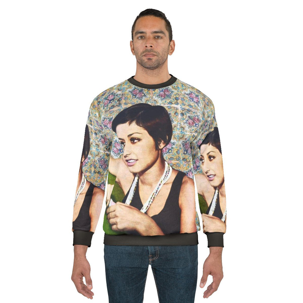 Vintage Persian music sweatshirt featuring Iranian singer Googoosh on a couch