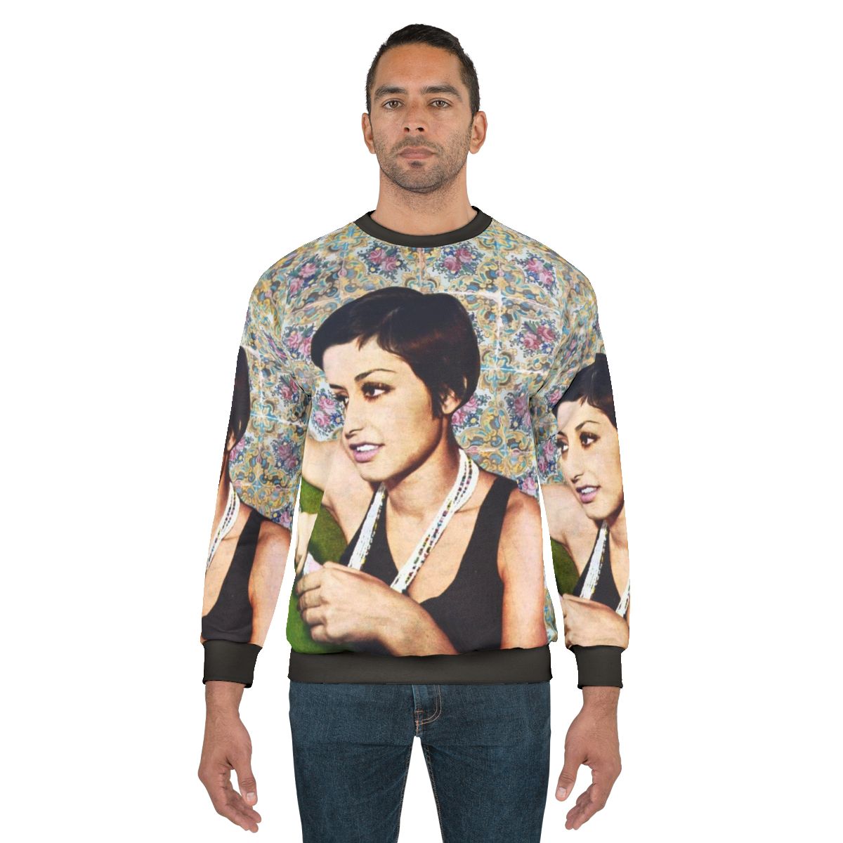 Vintage Persian music sweatshirt featuring Iranian singer Googoosh on a couch