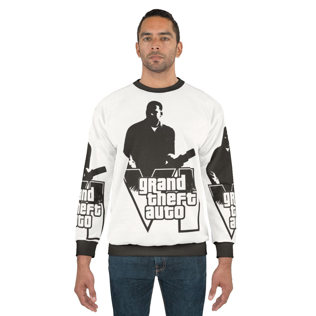 Grand Theft Auto themed sweatshirt with gaming graphics