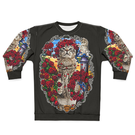 Grateful cats and psychedelic roses design on a sweatshirt