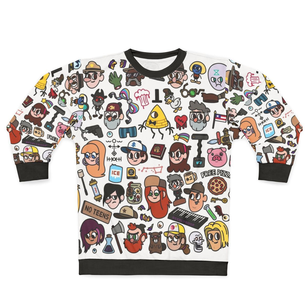 Gravity Falls Doodle Sweatshirt featuring characters Dipper, Mabel, and Bill Cipher