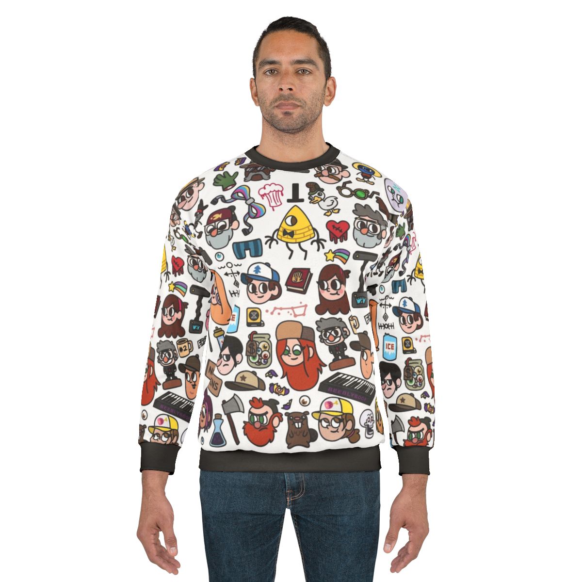 Gravity Falls Doodle Sweatshirt featuring characters Dipper, Mabel, and Bill Cipher