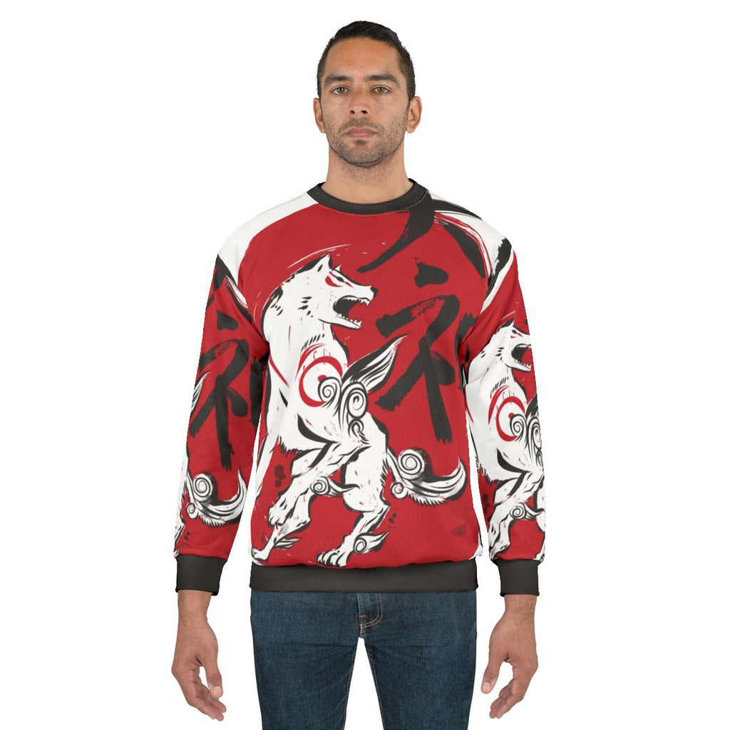 Okami inspired sumi-e sweatshirt with nature-themed graphic