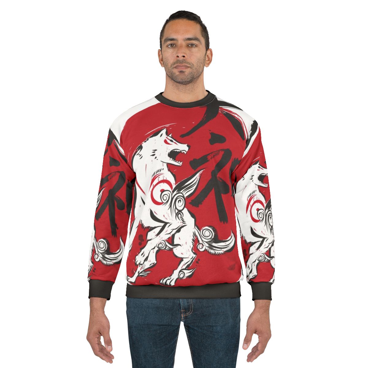 Okami inspired sumi-e sweatshirt with nature-themed graphic