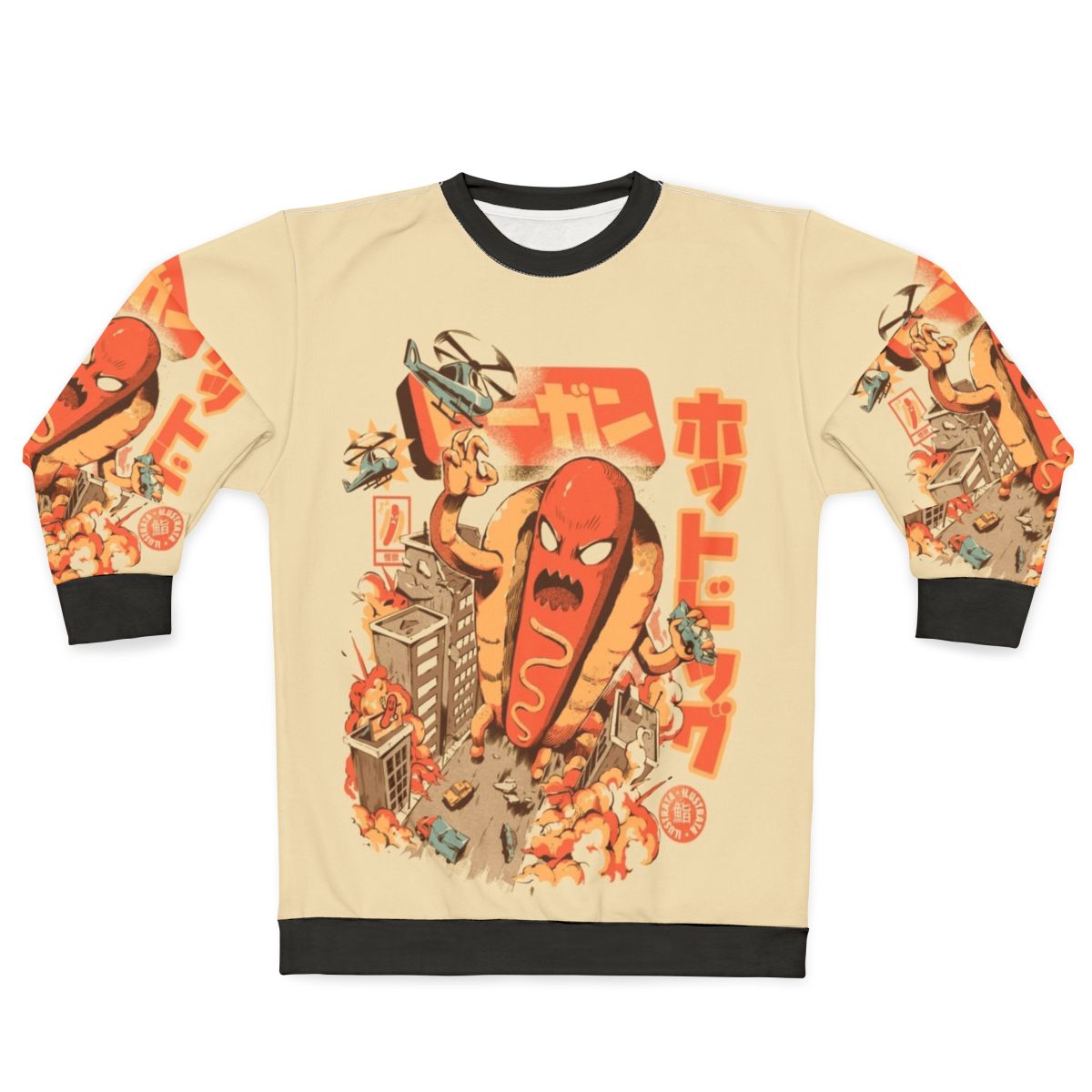 Retro hot dog sweatshirt with Japanese-inspired funny anime monster design