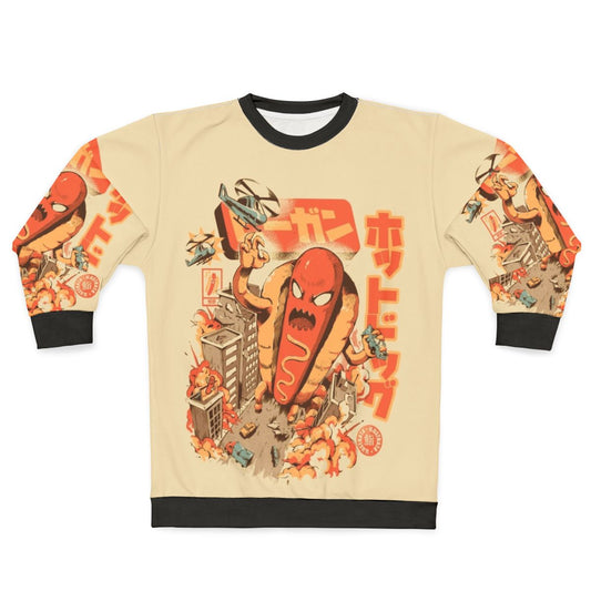 Retro hot dog sweatshirt with Japanese-inspired funny anime monster design