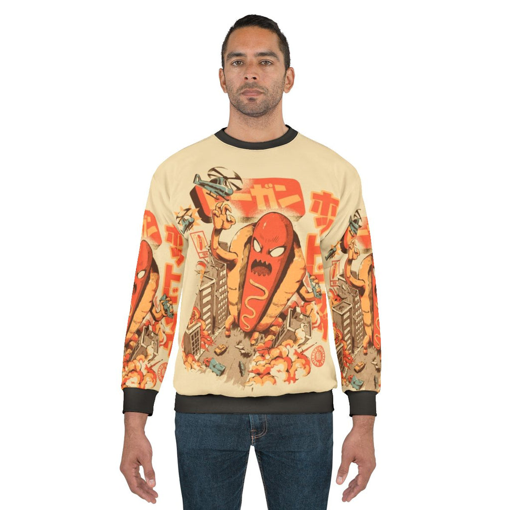 Retro hot dog sweatshirt with Japanese-inspired funny anime monster design