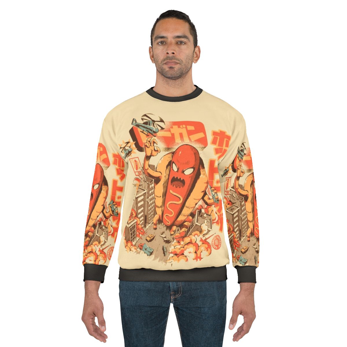 Retro hot dog sweatshirt with Japanese-inspired funny anime monster design
