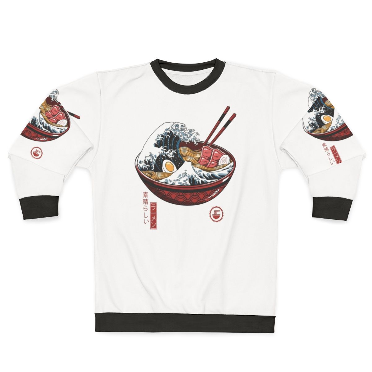 Japanese-inspired 'Great Ramen Wave' design on a white sweatshirt
