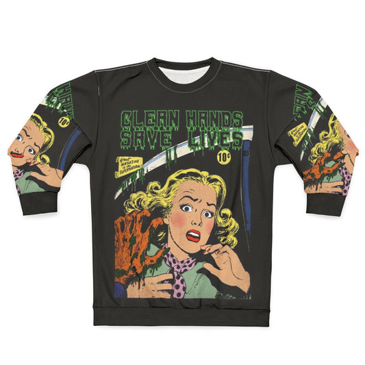 Vintage style sweatshirt with a hand graphic that promotes handwashing and COVID-19 awareness