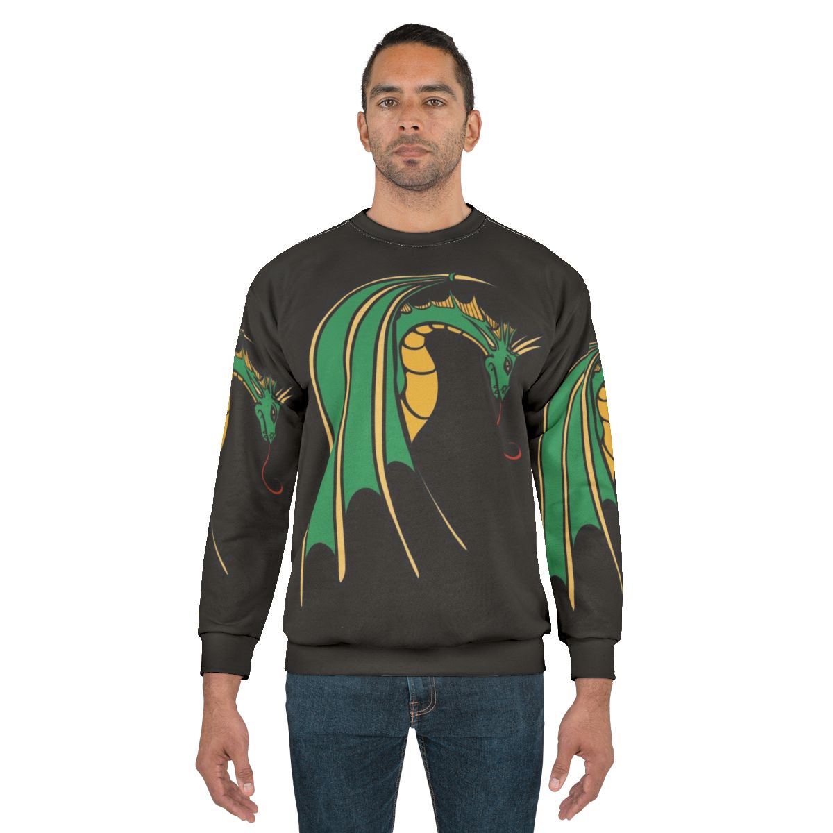 Green dragon art design on a cozy sweatshirt