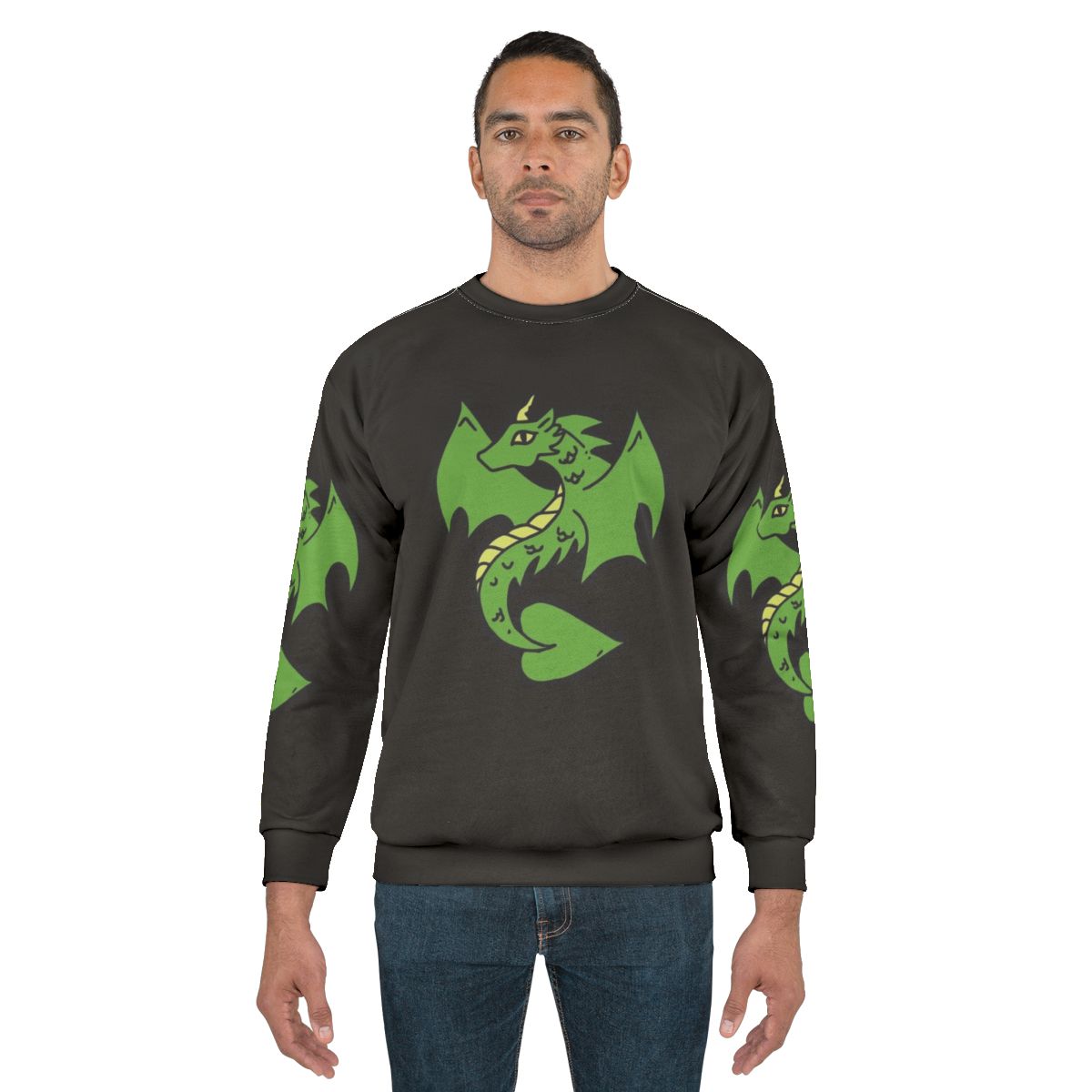 Green dragon design on a cozy sweatshirt for fantasy enthusiasts