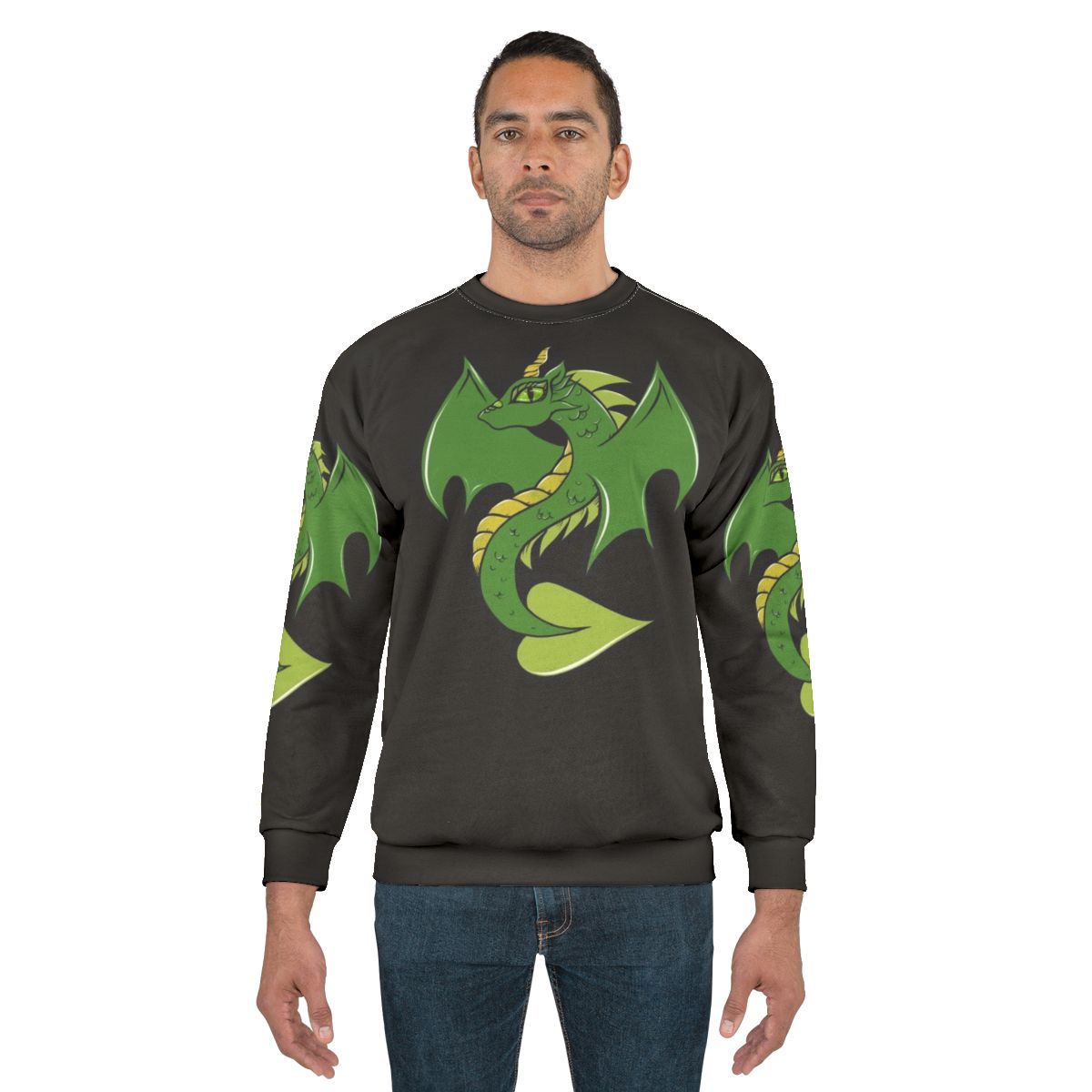 Green dragon graphic printed on a cozy sweatshirt