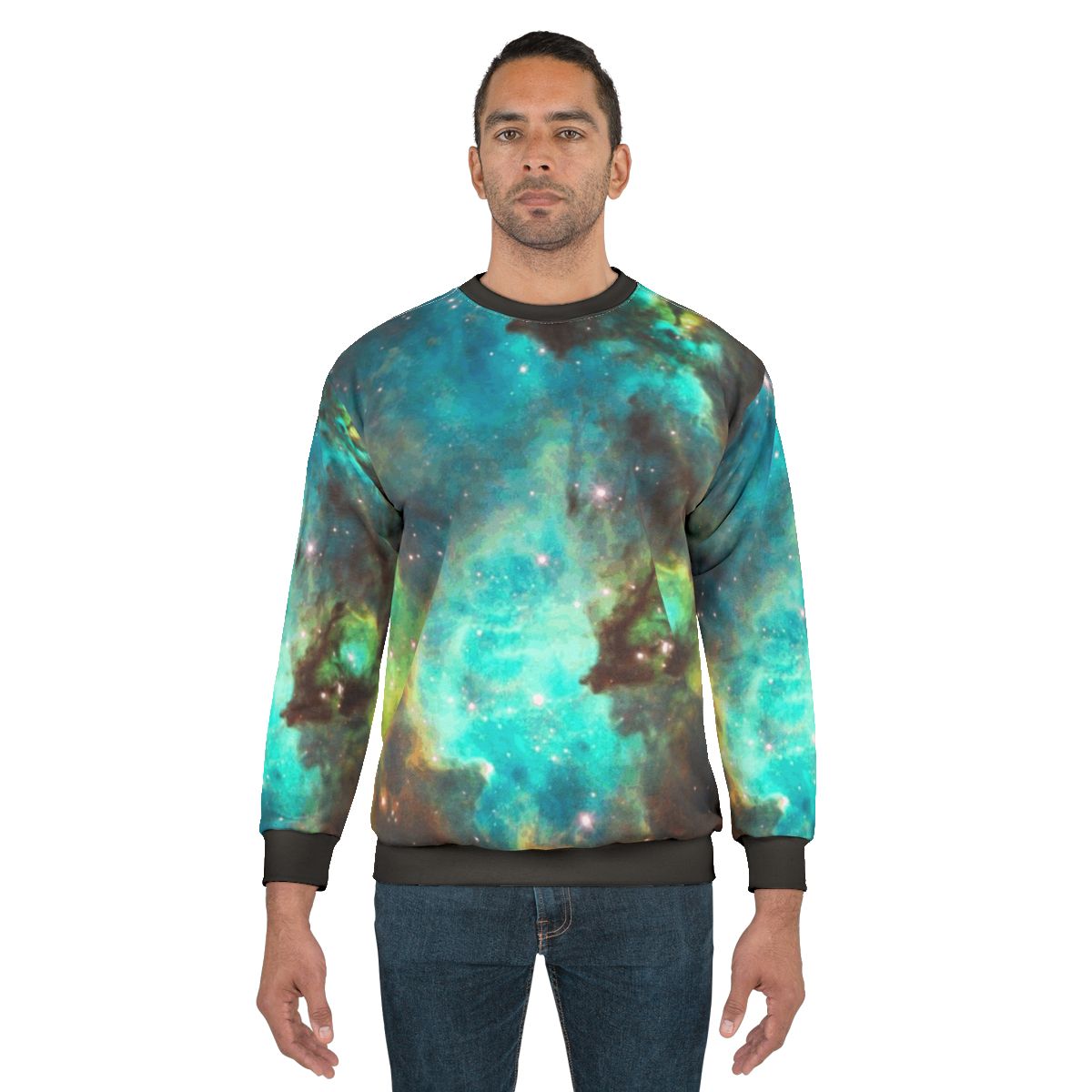 Green galaxy sweatshirt with cosmic nebula design
