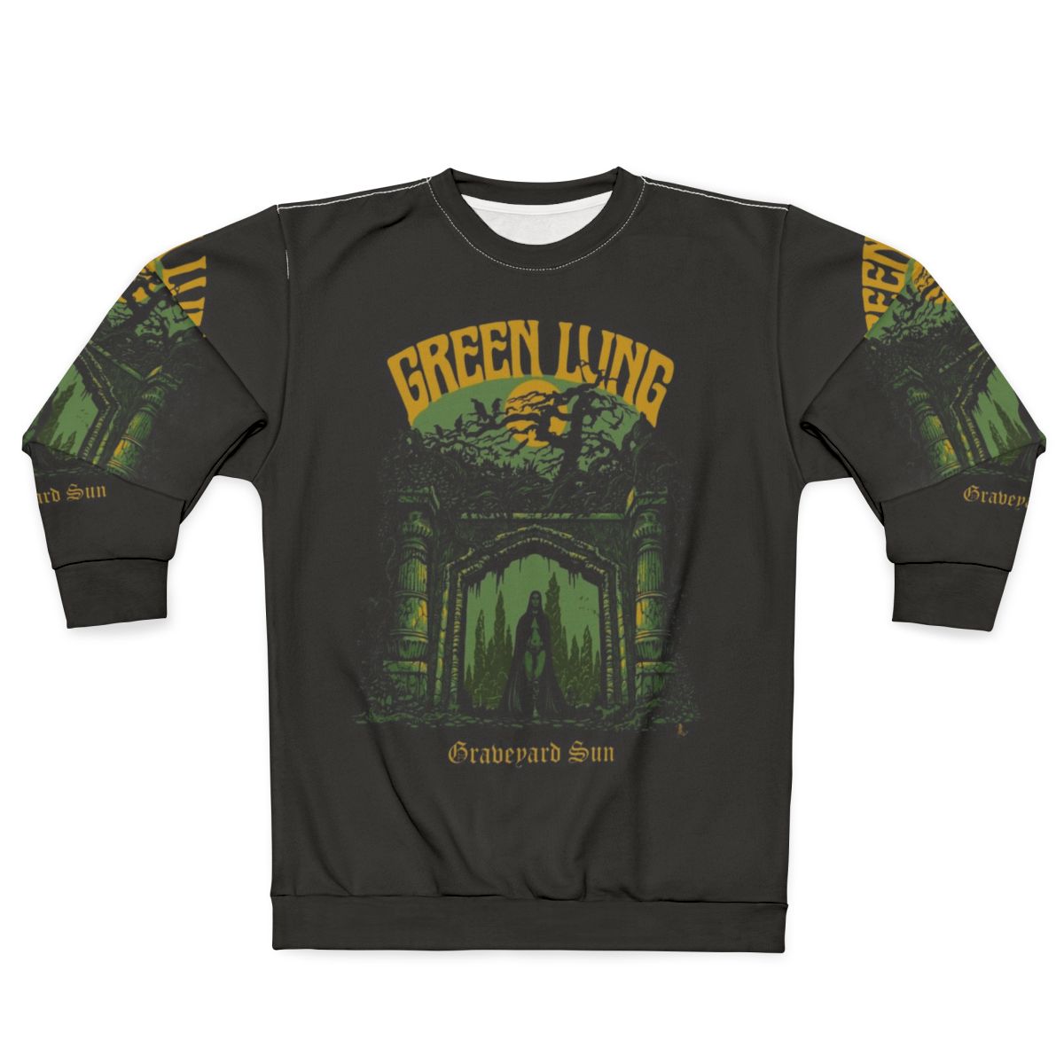 Green doom metal sweatshirt with Graveyard Sun design
