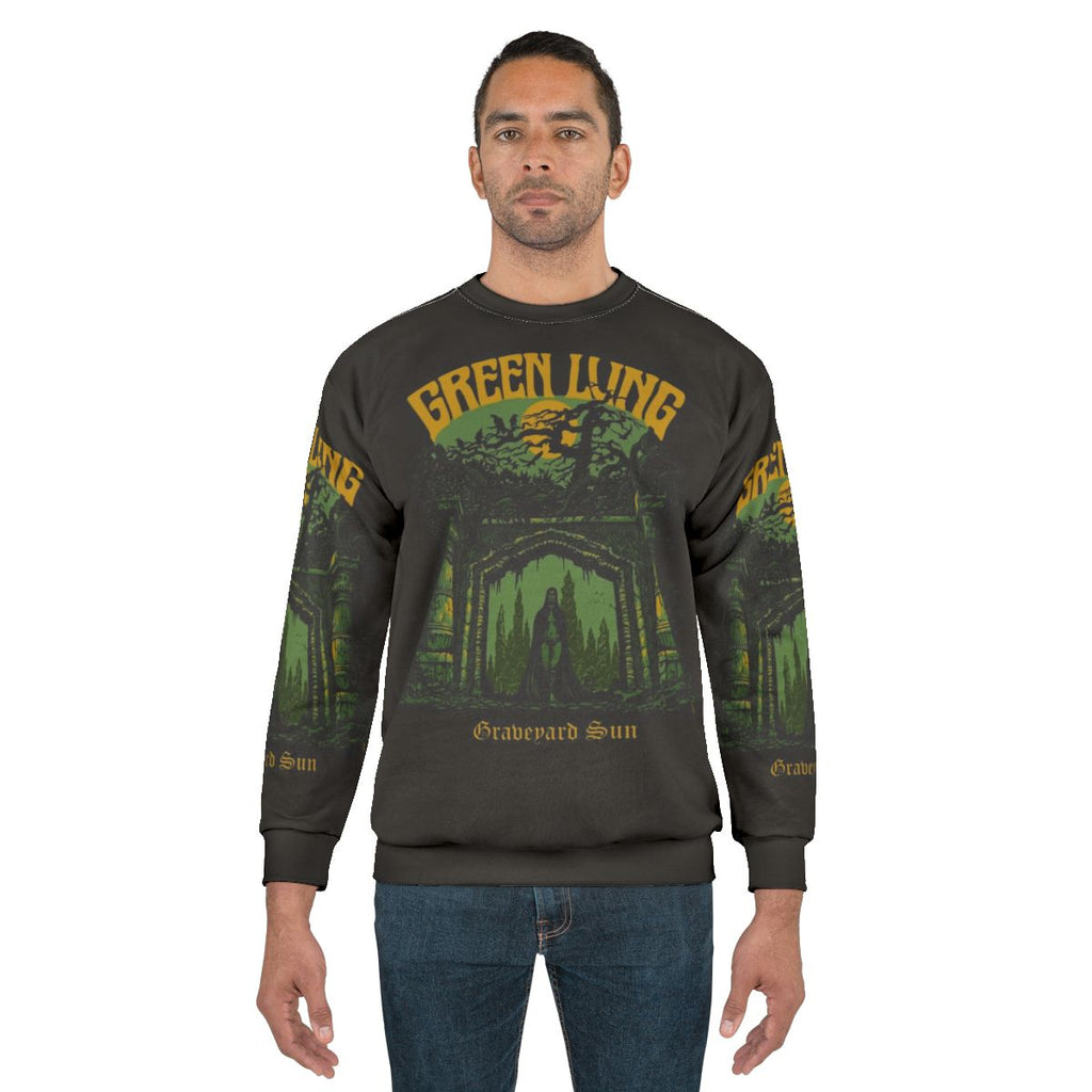 Green doom metal sweatshirt with Graveyard Sun design