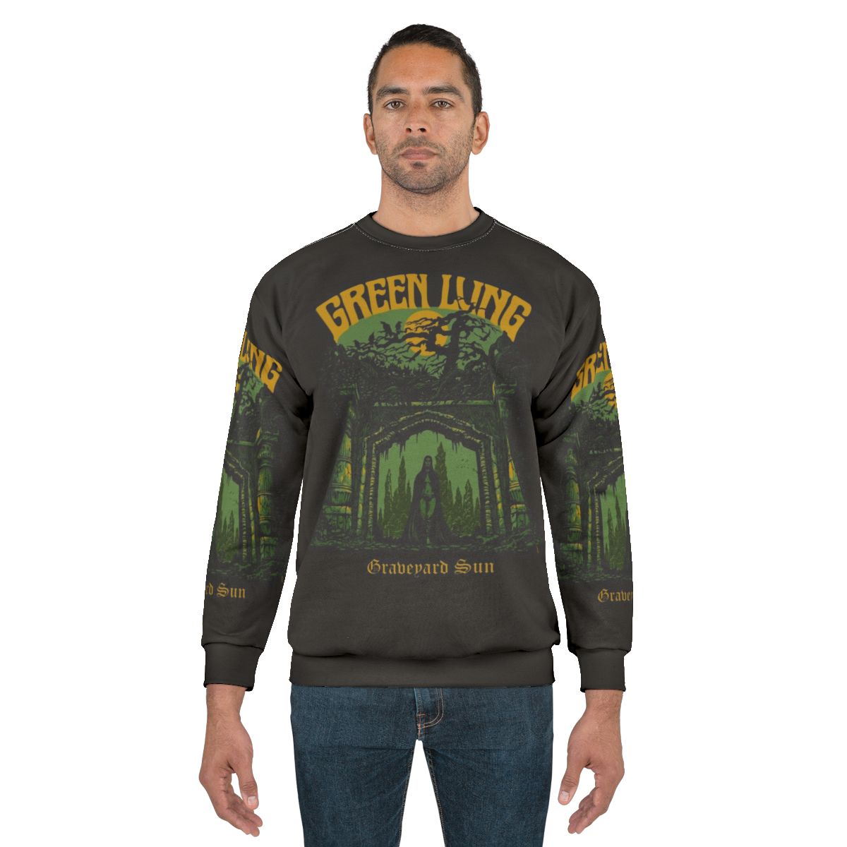 Green doom metal sweatshirt with Graveyard Sun design