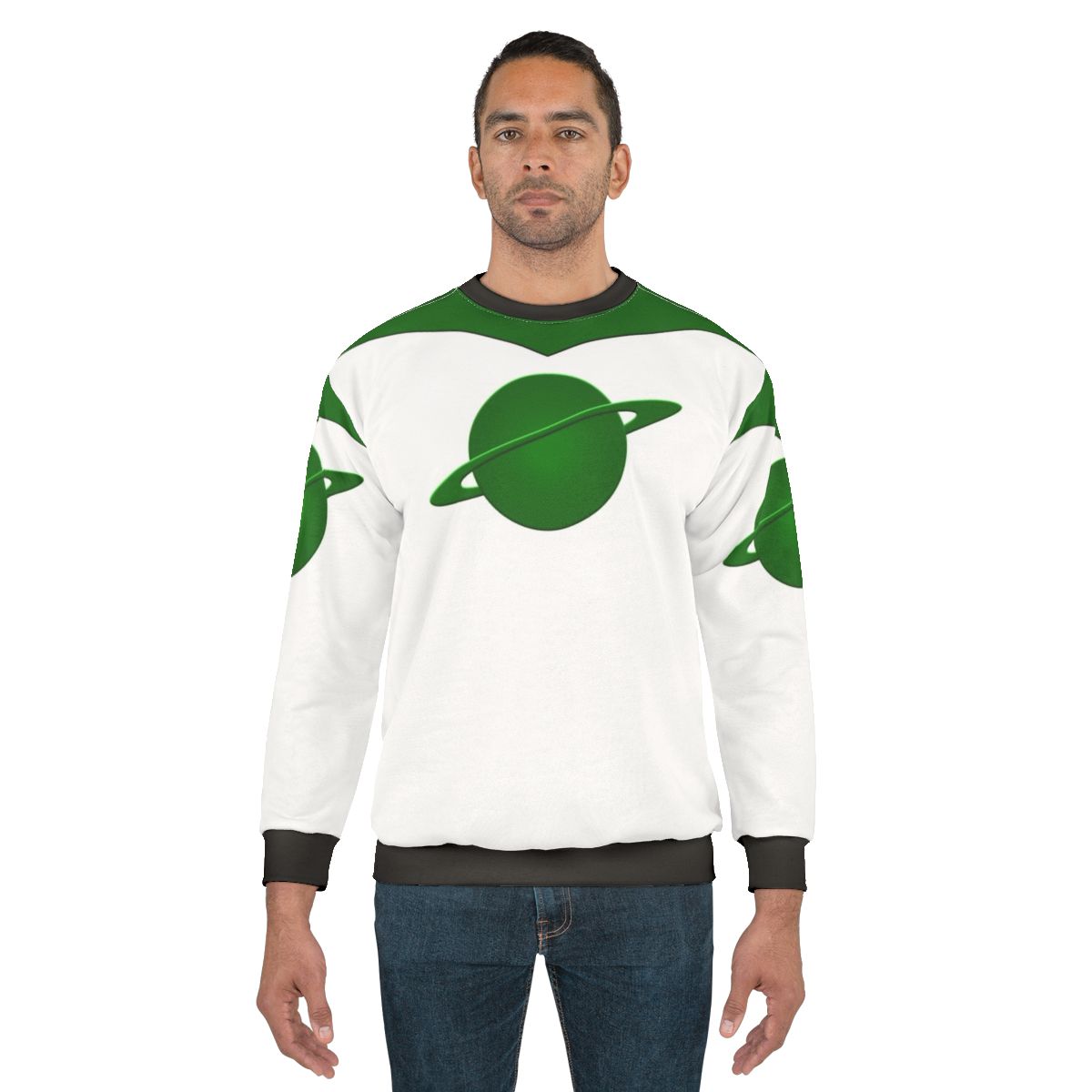 Green planet sweatshirt with cosmic, galactic design