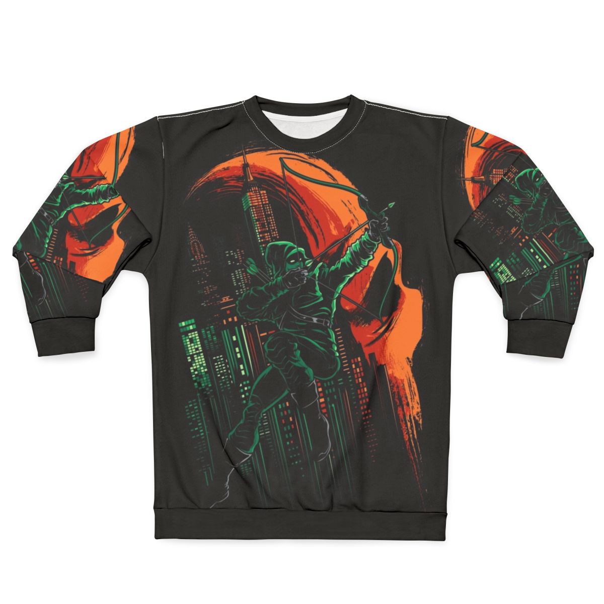 Green Vigilance superhero sweatshirt featuring Oliver Queen's Arrow design