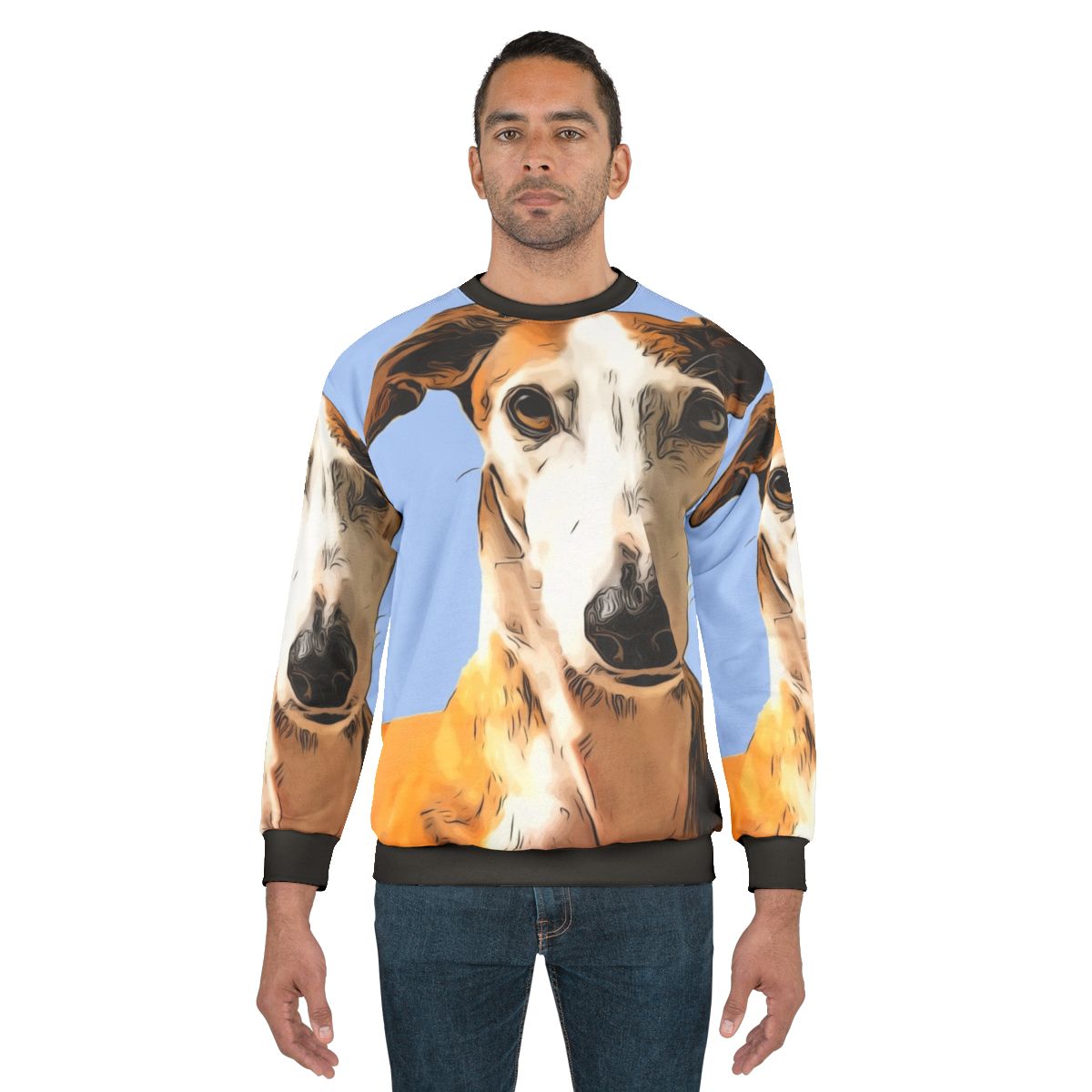 Greyhound dog on a grey sweatshirt