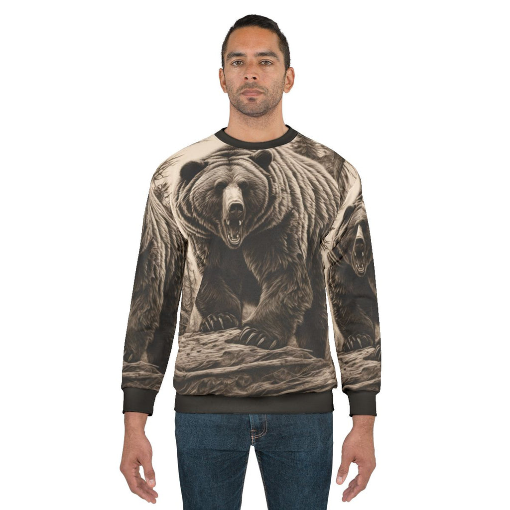 Monochromatic grizzly bear in a sweatshirt