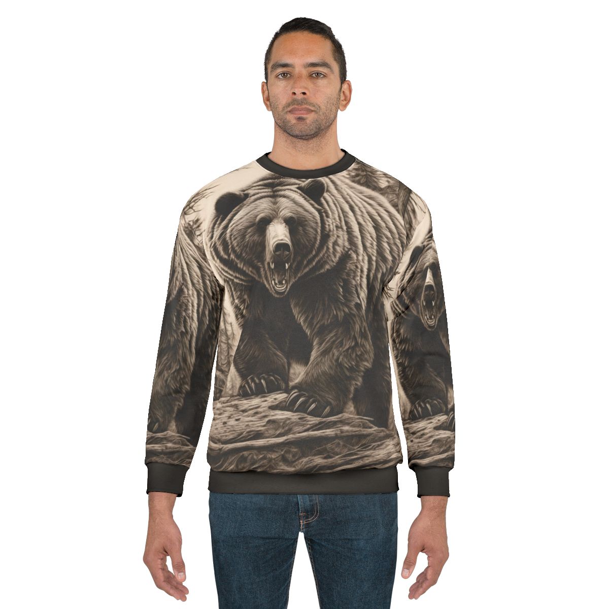 Monochromatic grizzly bear in a sweatshirt