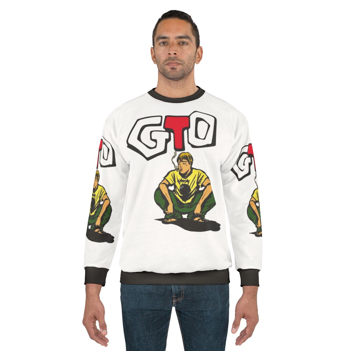 Onizuka GTO anime character illustration printed on a gray sweatshirt