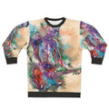 Watercolor graphic of a guitar player on a blue sweatshirt