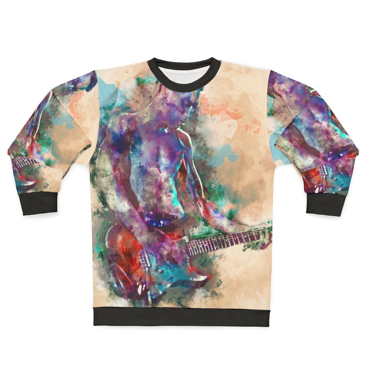 Watercolor graphic of a guitar player on a blue sweatshirt
