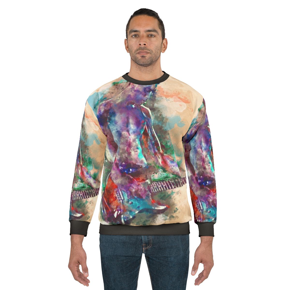 Watercolor graphic of a guitar player on a blue sweatshirt