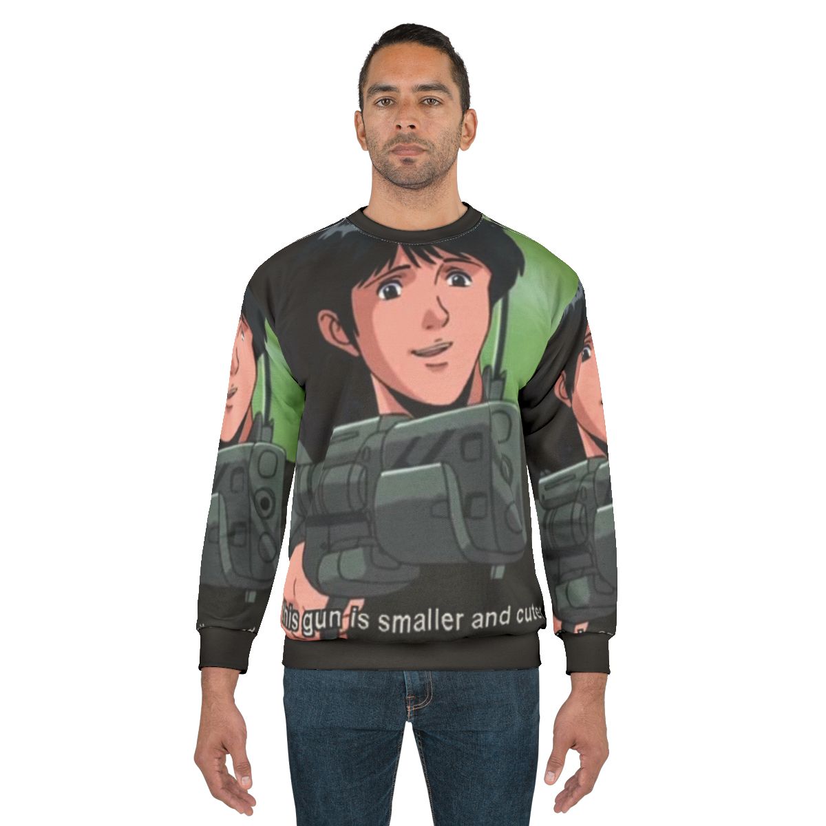 Anime-inspired "Gun" sweatshirt with science-fiction and military-style design