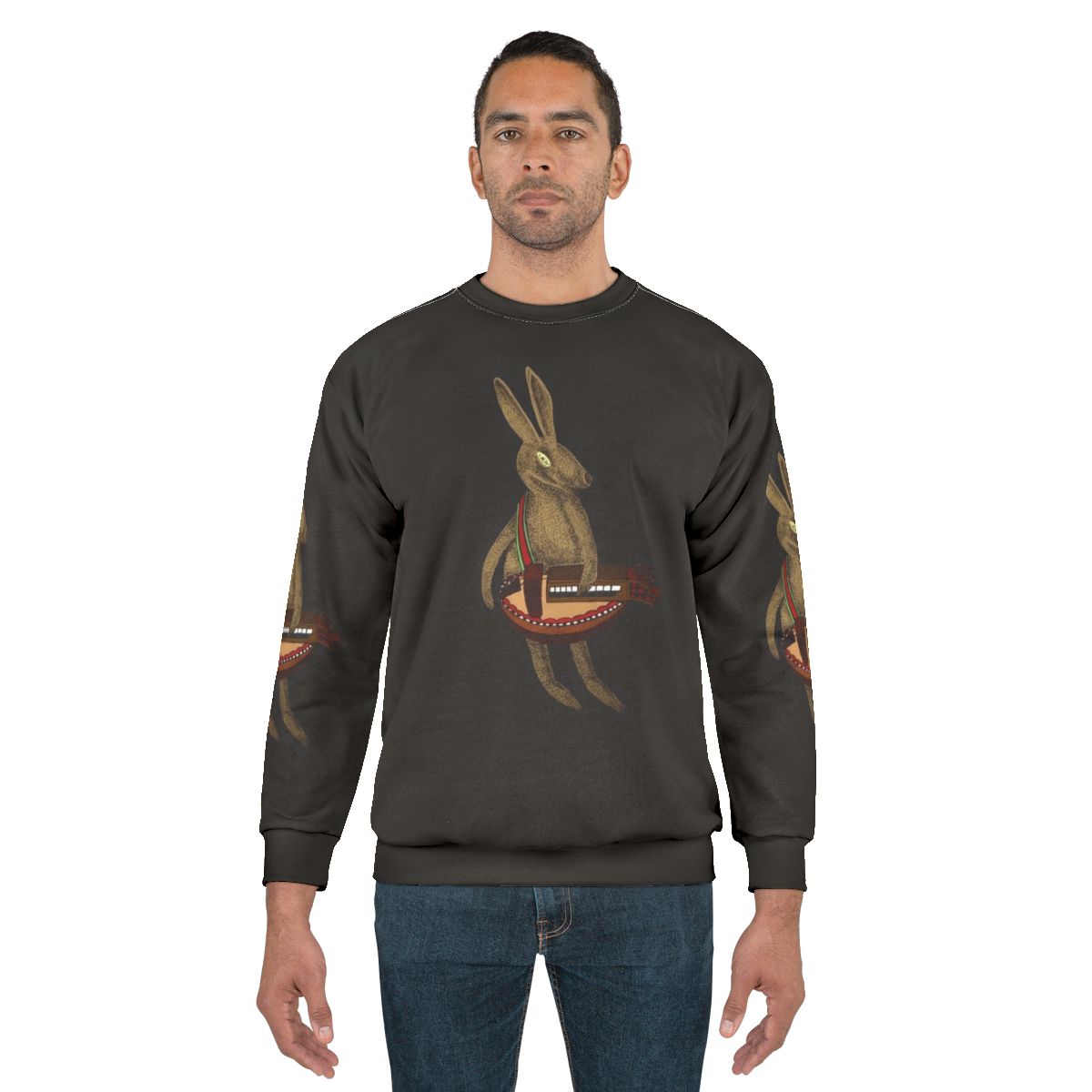 Hare playing a hurdy gurdy musical instrument