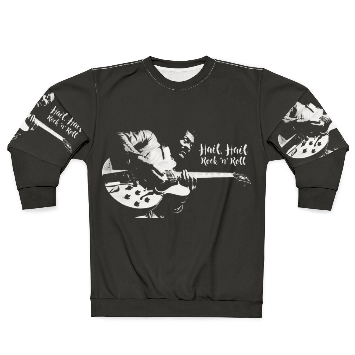 Vintage-style sweatshirt featuring "Hail Hail Chuck Berry" text and guitar graphic